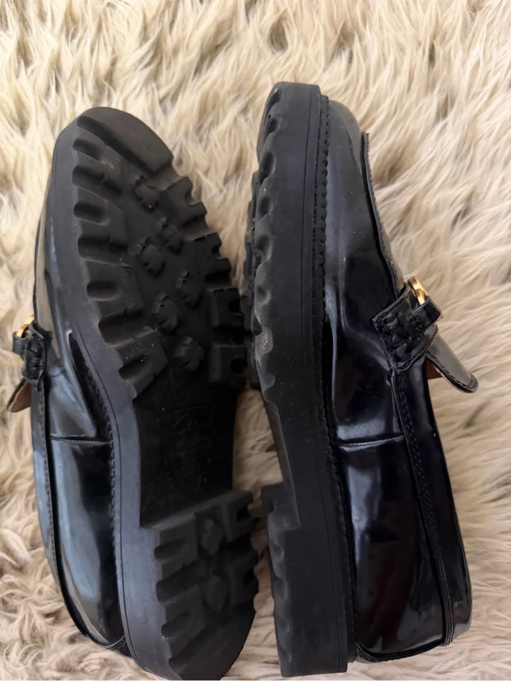 SAM EDELMAN Patent Leather Loafers with Gold Chain Accent